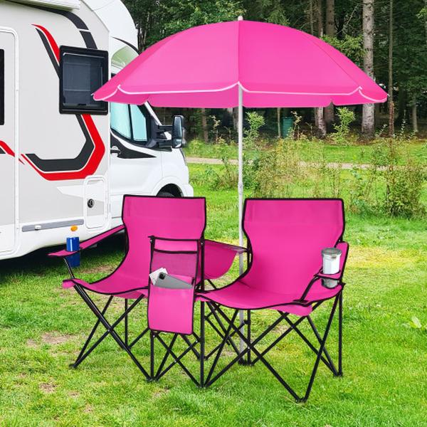 OP70621PI Portable Folding Picnic Double Chair with Removable Umbrella - Pink