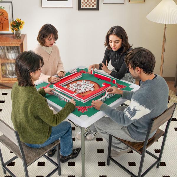 UY10170LS 35 in. 4 Player Game Card Folding Mahjong Table with Cup Holders - Light Green