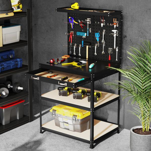 TH10085BK 32 x 16 in. Workbench Work Table with 2 Piece Pegboard Drawer & Shelves - Black