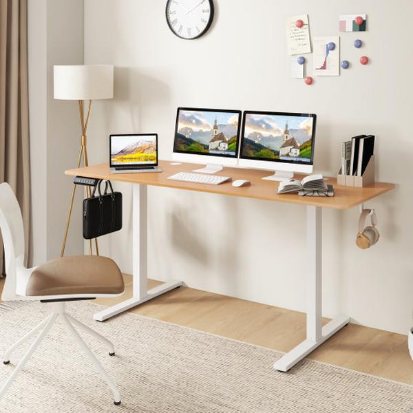 CB10758US-NA Electric Standing Desk with 3 Memory Heights, 2 Hanging Hooks & Cable Holes - Natural