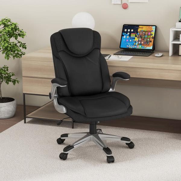 CB10557DK Ergonomic Office PU Leather Executive Chair with Flip-Up Armrests & Rocking Function - Black -  Costway
