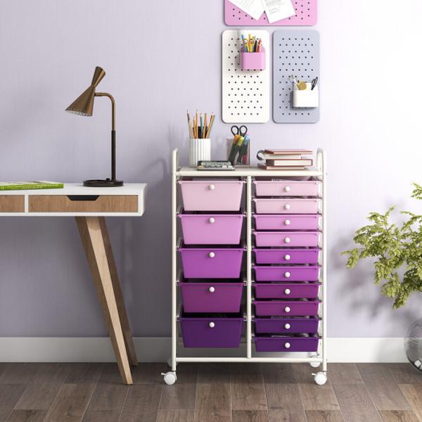 HW53825PU 15-Drawer Multi-Use Storage Utility Rolling Organizer Cart - Purple