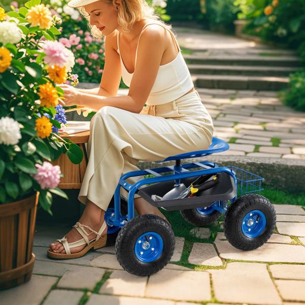 GT3748BL 4-Wheel Rolling Work Seat Garden Cart - Blue