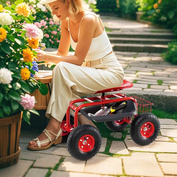 GT3748RE 4-Wheel Rolling Work Seat Garden Cart - Red