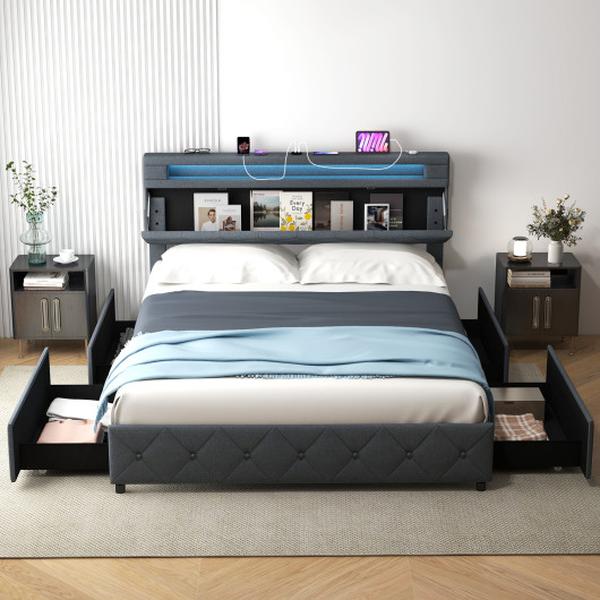 Picture of Costway HU10583GR-Q Bed Frame with Adjustable Storage Headboard & Wooden Slat Support - Queen Size