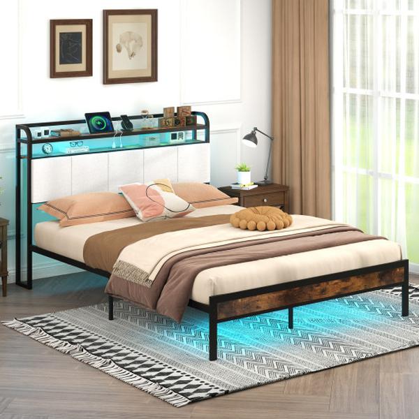 HU10816GR-Q Gray Bed Frame with LED Light & Charging Station - Queen Size