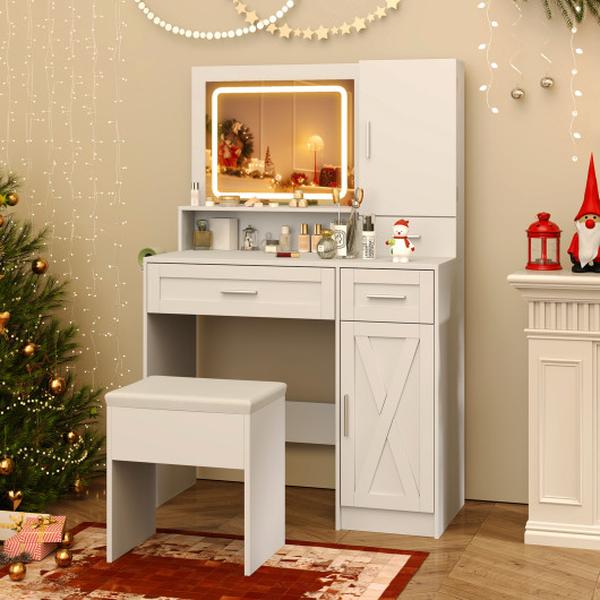 HU10852US-WH Makeup Vanity Dressing Table & Stool Set with Mirror & Lights - White