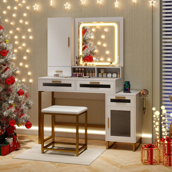 HU10854US-WH Makeup Vanity Desk Dressing Table & Stool Set with Lighted Mirror - White