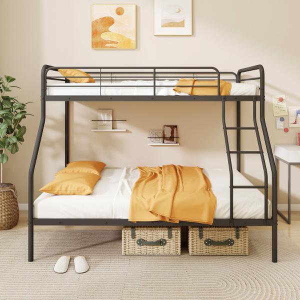 HU10873DK Twin Over Full Size Bunk Bed with Ladder & Full-length Guardrails - Black
