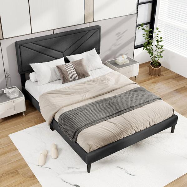 Picture of Costway HU10907GR-Q Upholstered Platform Bed with Tufted Headboard & Wooden Slats - Queen Size
