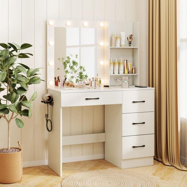 HU10923US-WH- Vanity Desk with 3-Color Lights & Power Outlets - White