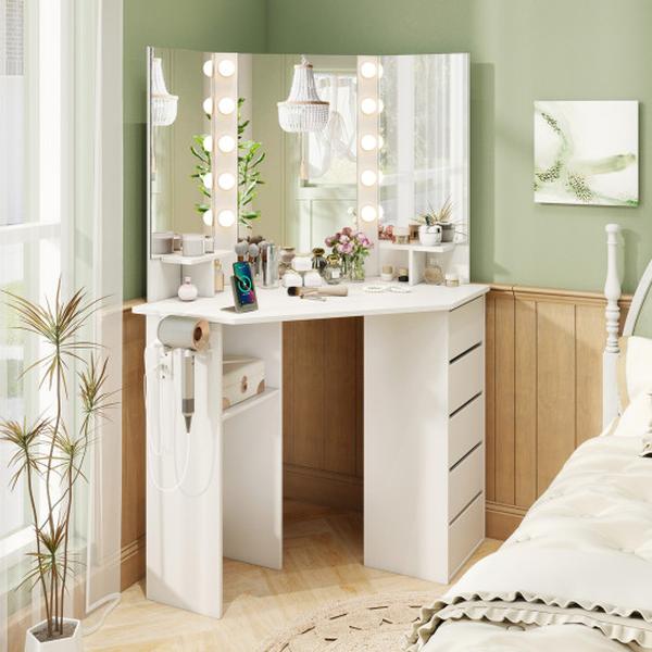 HU10986US-WH- Corner Vanity Desk with 3-Color LED Lighted Mirror & Power Outlet - White