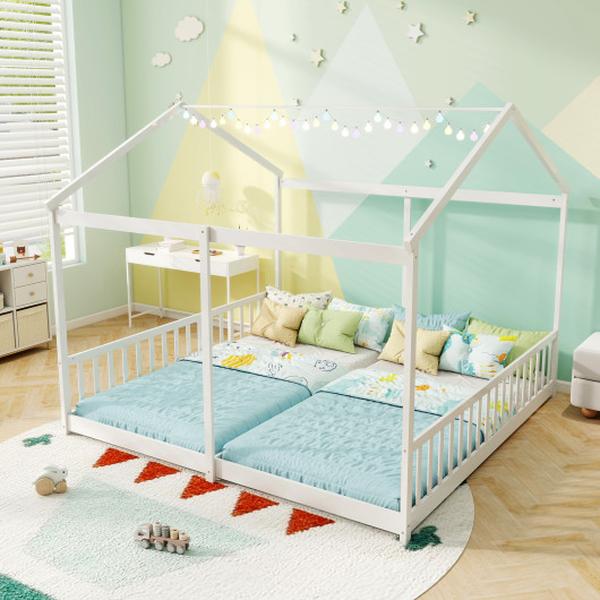 Picture of Costway HU11006WH Double Floor Bed with Safety Guardrails for 2 Twin Kids House Beds - White