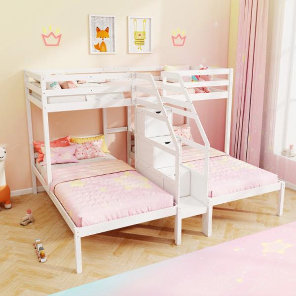 HU11008WH- Twin Over Twin & Twin Size Bunk Bed with Storage Staircase & Guardrail for 3 Kids Teens - White