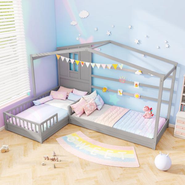 Picture of Costway HU11019GY- L-Shaped Double Twin Size Platform Bed with Fences Corner Frame - Gray