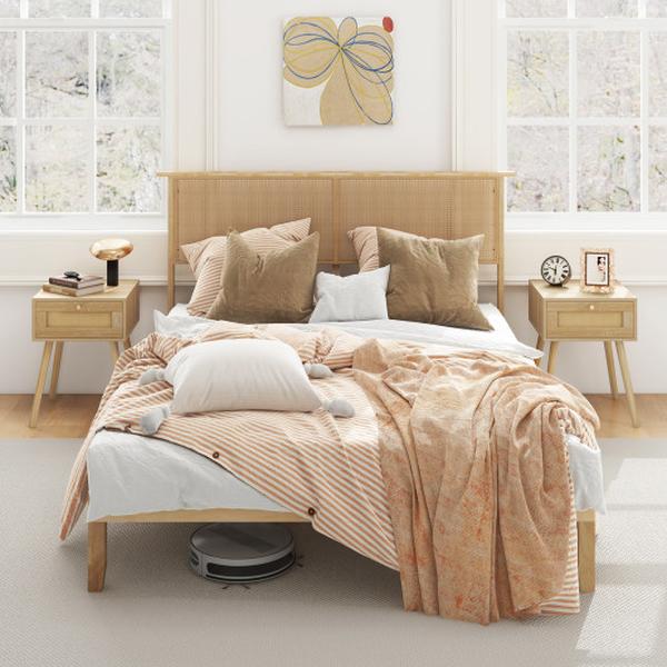 HU10801NA-Q Natural Bed Frame with Rattan Headboard - Queen Size