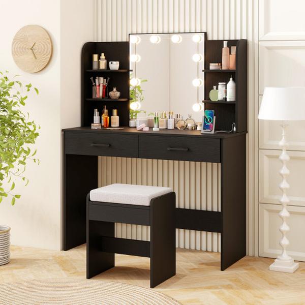 HU10803US-DK- Vanity Set with Lighted Mirror & Stool, Power Outlet - Black