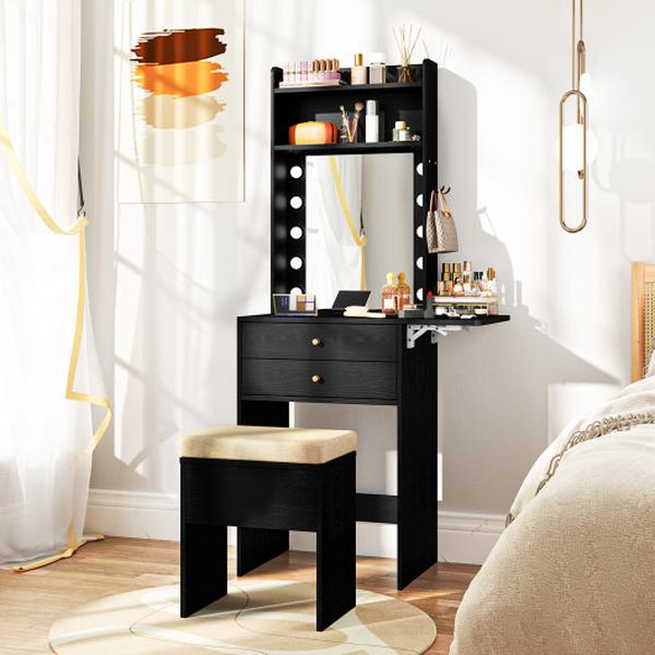 HU10805US-DK Compact Vanity Desk Set with 3-Color Lighted Mirror & Power Outlets - Black