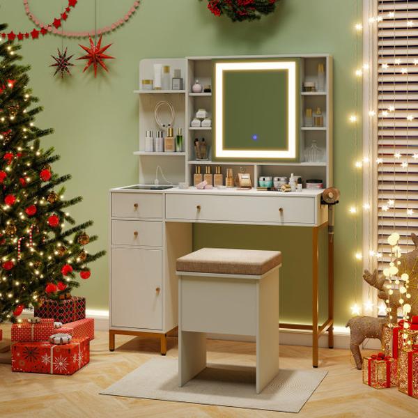 HU10806USWH- Makeup Dressing Table & Stool Set with 3 Lighting Modes & Cabinet - White