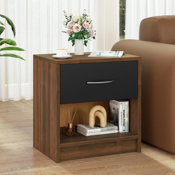 HU10887BN Bedside Table Nightstand with Drawer & Open Storage Shelf - Brown