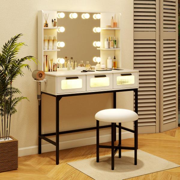 HU10895US-WH Bedroom Makeup Vanity Desk with Hollywood Mirror & Lights - White