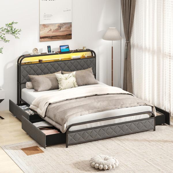 HU10931DK-Q Bed Frame with LED Lights & Charging Station, Black - Queen Size