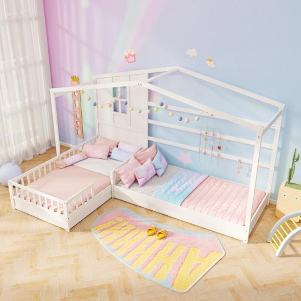 Picture of Costway HU11019WH- L-Shaped Double Twin Size Platform Bed with Fences Corner Frame - White