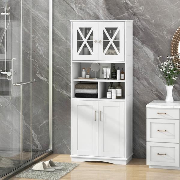 BA8177WH Tall Bathroom Large Floor Storage Cabinet with Acrylic Doors & 3 Cubes - White