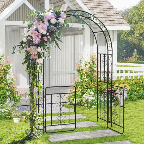 GT4248DK Garden Arbor with Gate Multiple Side Crossbars & 4 Sharp Ground Stakes - Black