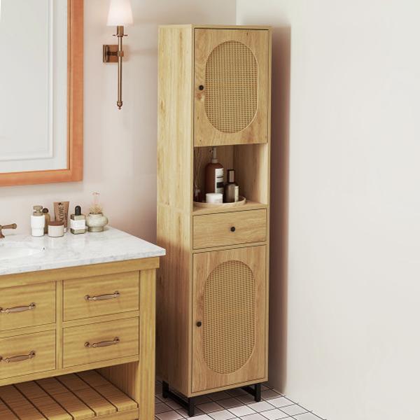 JV11799NA 67 in. Tall Bathroom PE Rattan Floor Cabinet with 2 Doors - Natural