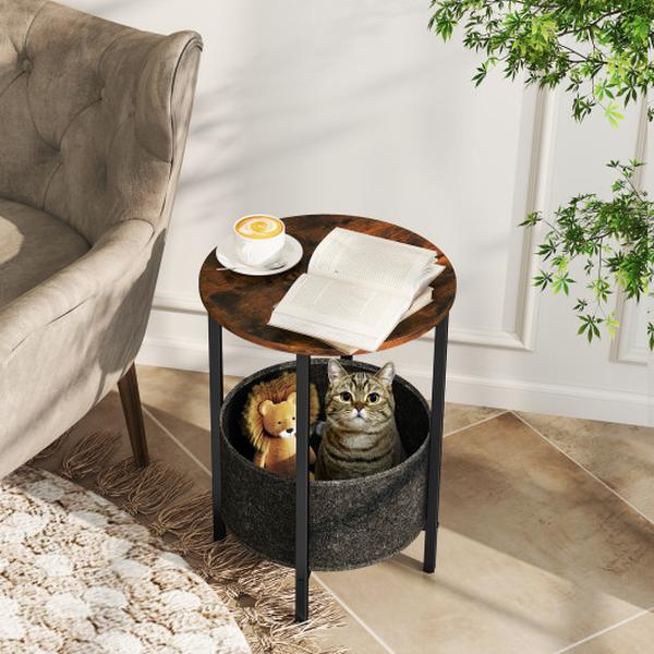 JV12148CF Round 2-Tier Side End Table with Removable Fabric Basket & Metal Frame - Rustic Brown
