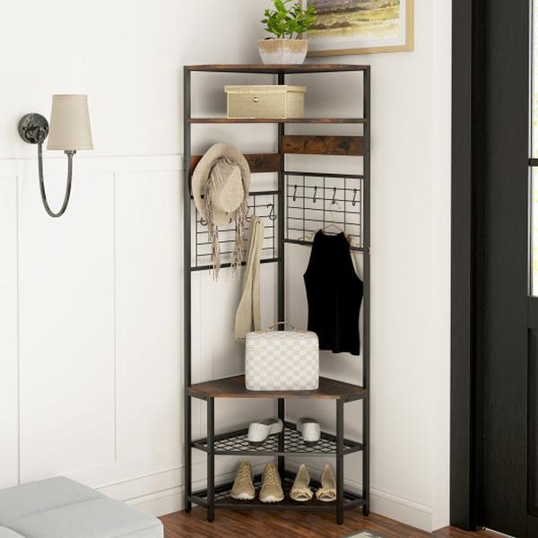 JV12207CF 5-Tier Corner Hall Tree with Shoe Storage Bench - Rustic Brown