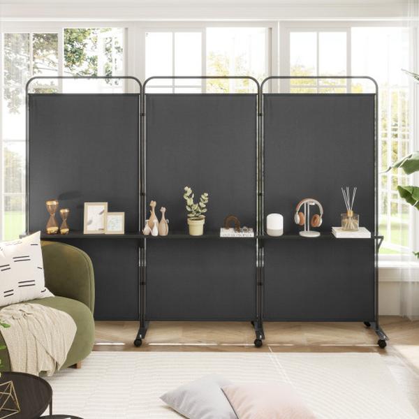 JV12391BK 3-Panel Folding Room Divider with 3 Metal Shelves & Lockable Wheels - Black