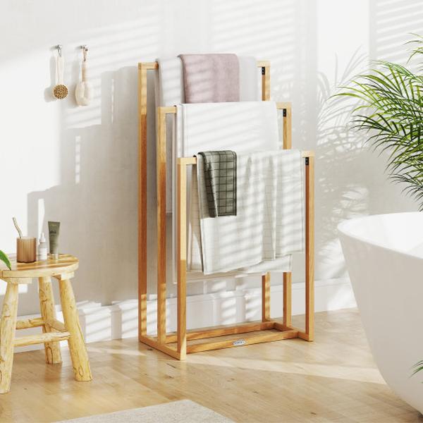 Picture of Costway JV12439 3-Tier Teak Wood Towel Rack with 3 Hanging Crossbars