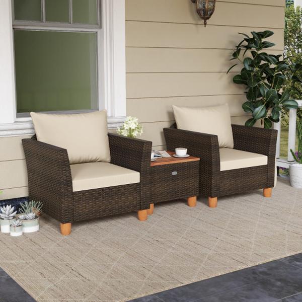 HW71637BN Patio PE Wicker Furniture Set with Cushions & Acacia Wood Storage Coffee Table - Beige - 3 Piece