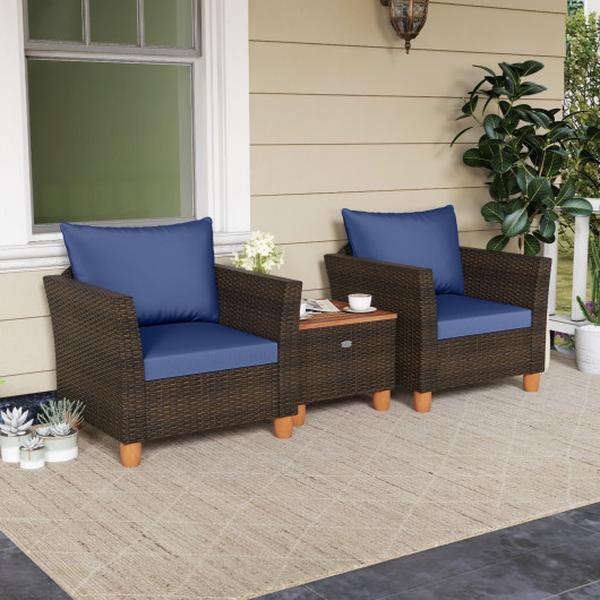 HW71637NY Patio PE Wicker Furniture Set with Cushions & Acacia Wood Storage Coffee Table - Navy - 3 Piece