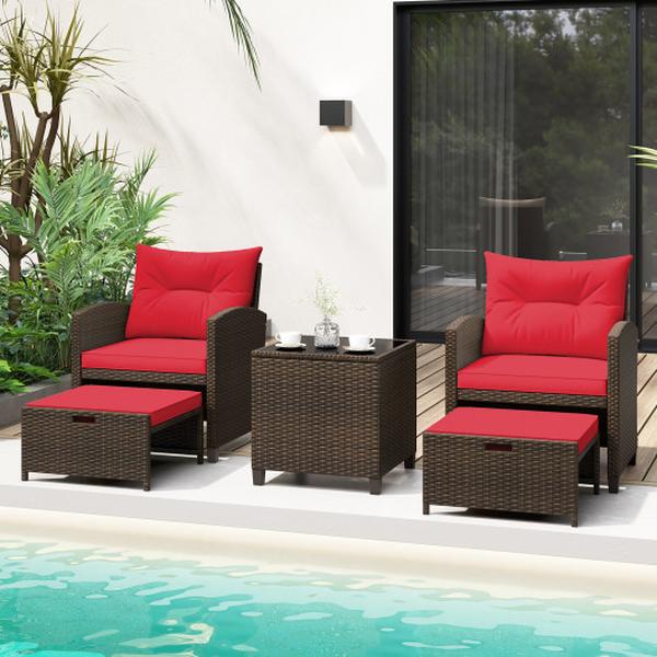 HW72143RE- Patio Rattan Furniture with 2 Ottomans & Tempered Glass Coffee Table - Red - 5 Piece