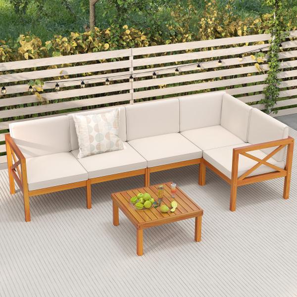 HW72990WH- Outdoor Acacia Wood Patio Sectional Furniture Set - Off White - 6 Piece