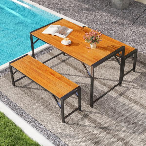 HW72992- Patio Dining Set with Acacia Wood Table & 2 Benches - 3 Piece