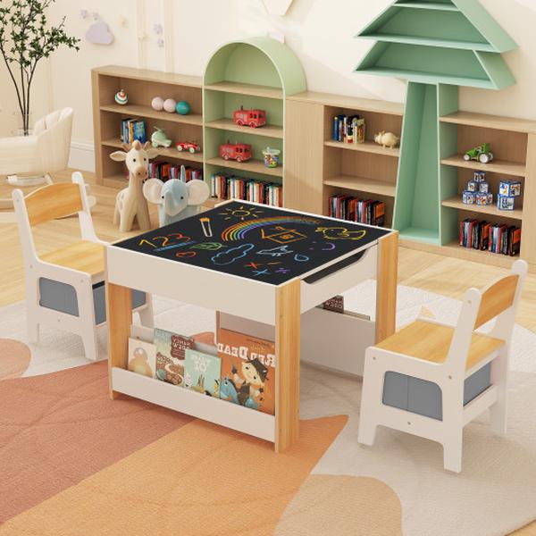 HY10282NA 4 in 1 Kids Toddler Activity Table & Chairs Set with Reversible Tabletop - Natural