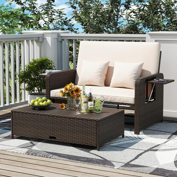 HW70644BND- Adjustable Outdoor Patio Daybed Set with Cushions & Storage Ottoman
