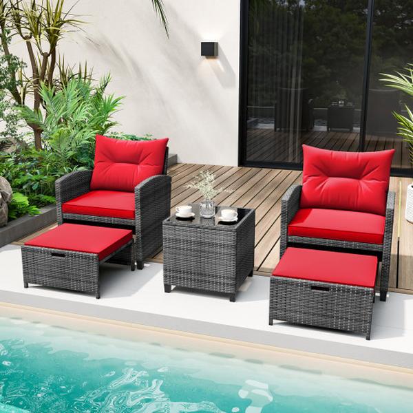 HW72144RE- Patio Rattan Furniture with 2 Ottomans & Tempered Glass Coffee Table - Red - 5 Piece