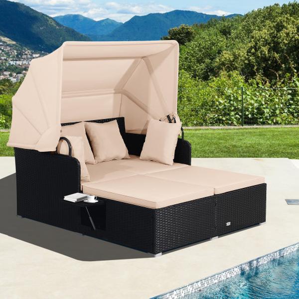 HW72406BN Patio Rattan Daybed with Retractable Canopy & Side Tables - Beige