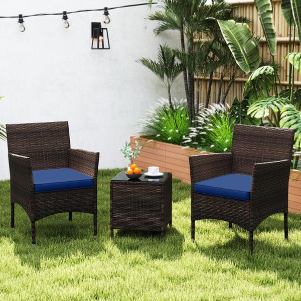 HW72792NY Outdoor Conversation Set with Cushioned Seat & Glass Tabletop - Navy - 3 Piece