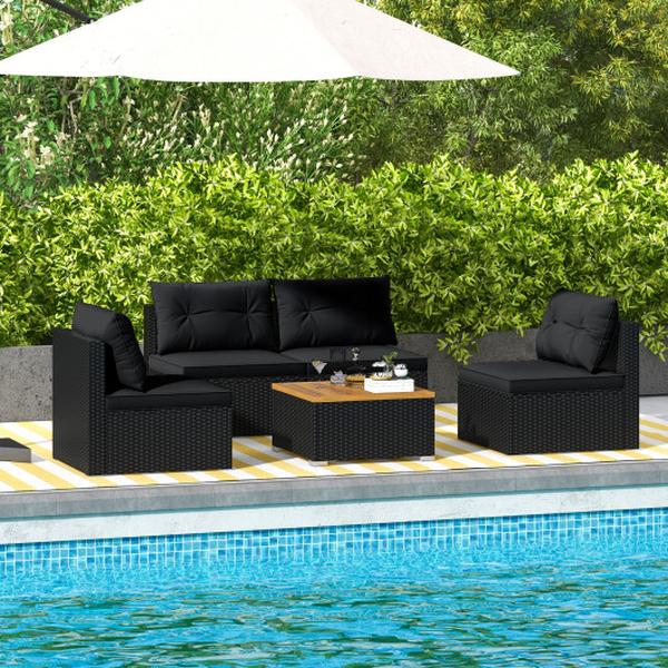 HW73007DK Outdoor Furniture Set with Solid Tabletop & Soft Cushions - Black - 5 Piece