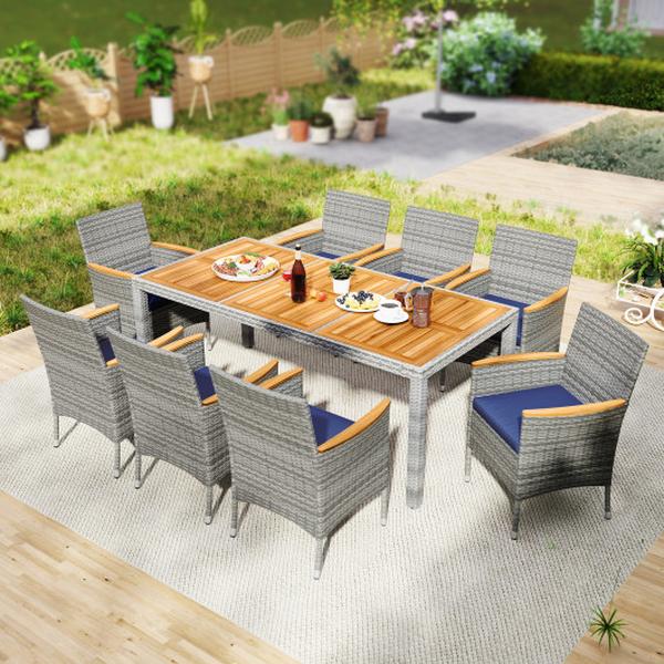 HW73183NY- Patio PE Wicker Dining Set for Deck Garden & Yard - Navy - 9 Piece