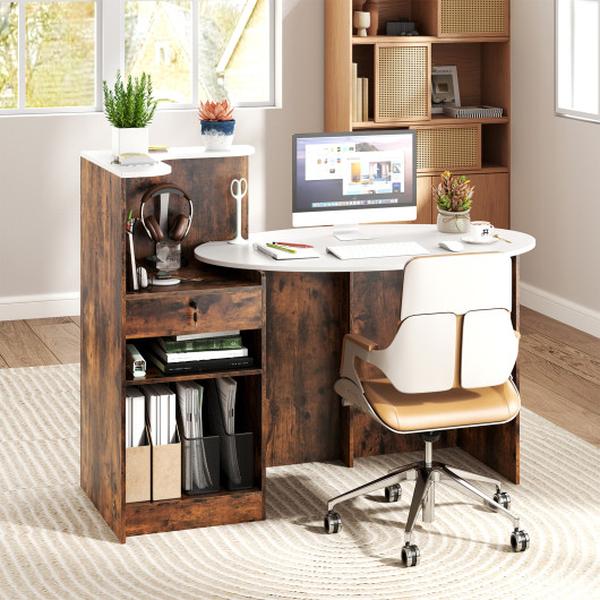 CB10865-WH- Modern Reception Front Counter Desk with Oval Tabletop - Rustic Brown