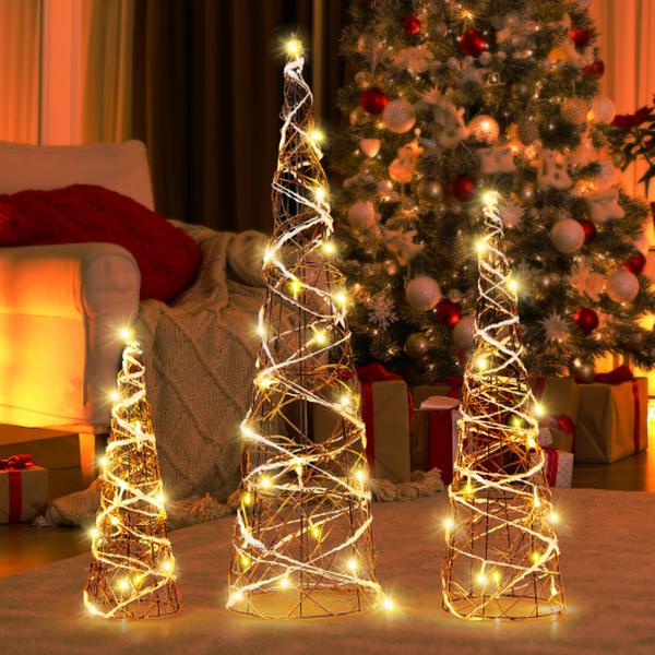 Picture of Costway CM24999US Lighted Rattan Cone Trees with LED Lights & Metal Frame - Set of 3