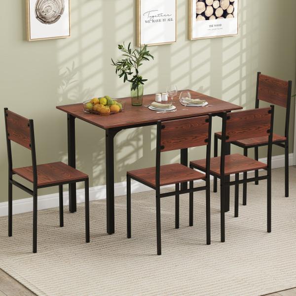 Picture of Costway KC57807BN Industrial Style Dining Set with Kitchen Table & Chairs for 4 - Walnut - 5 Piece