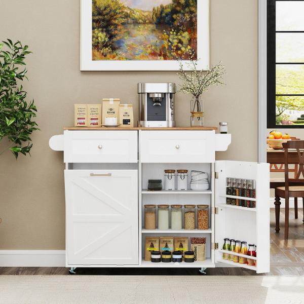 Picture of Costway KC57447WH Rolling Kitchen Island with Trash Can Cabinet & Rubber Universal Wheels - White